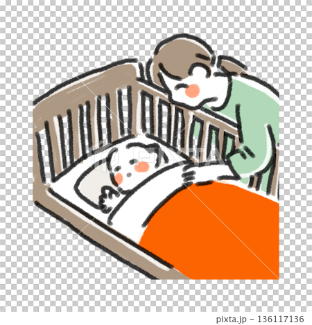 ベビーベッドで寝かしつけをする母親のイラスト シンプル 手描き 育児・睡眠・お昼寝の挿絵 136117136