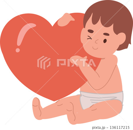 cute baby sitting and hugging an oversized red heart, winking with a sweet smile, cute baby sitting and hugging an oversized red heart, winking with a sweet smile, 136117215