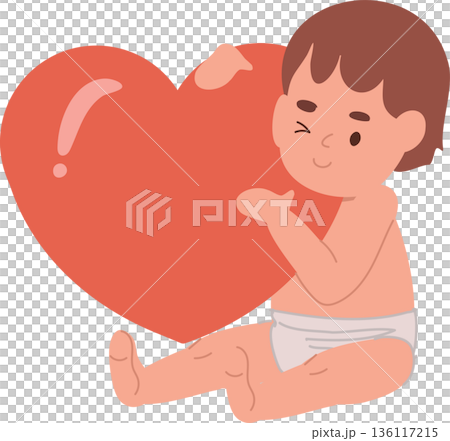cute baby sitting and hugging an oversized red heart, winking with a sweet smile, 136117215