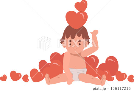 cute baby sitting with one arm raised, surrounded by many red hearts and two hearts above the head, cute baby sitting with one arm raised, surrounded by many red hearts and two hearts above the head, 136117216