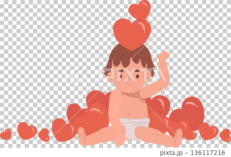 cute baby sitting with one arm raised, surrounded by many red hearts and two hearts above the head, cute baby sitting with one arm raised, surrounded by many red hearts and two hearts above the head, 136117216