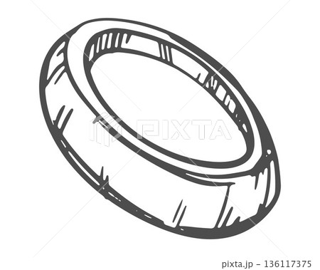A round slice of onion. Line sketch of a shallot ring on a white background. A fragrant spice. Imitation of engraving technique. A round slice of onion. Line sketch of a shallot ring on a white background. A fragrant spice. Imitation of engraving technique. 136117375
