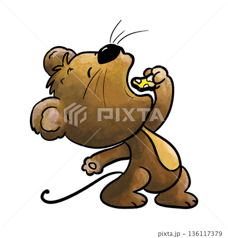 Hungry mouse bending backwards eating cheese cartoon illustration Hungry mouse bending backwards eating cheese cartoon illustration 136117379