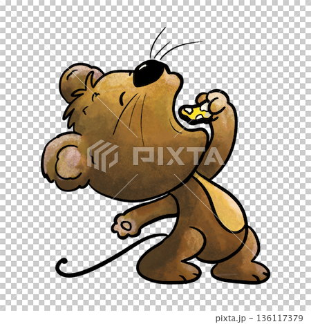 Hungry mouse bending backwards eating cheese cartoon illustration 136117379