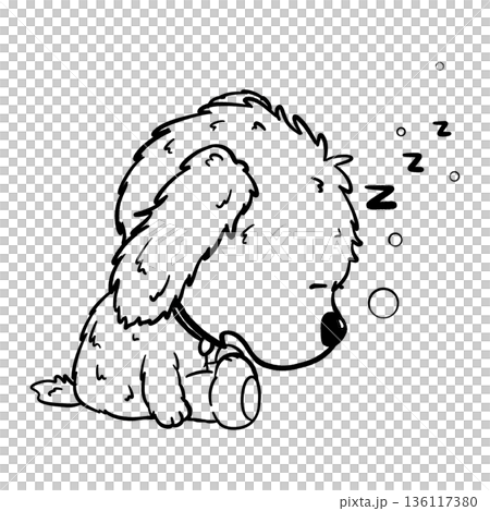 Fluffy dog sitting and sleep with head down cartoon outline illustration 136117380