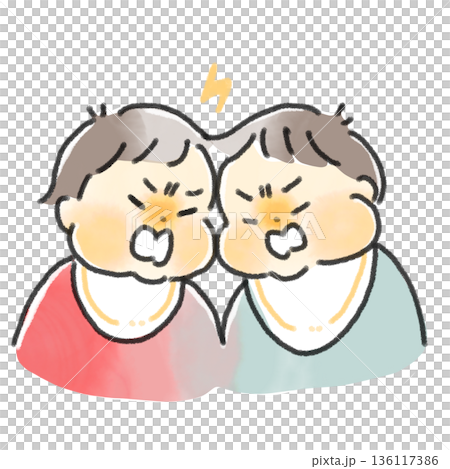 Illustration of two angry, quarreling babies. Watercolor style. Illustration of parenting worries and troubles. 136117386