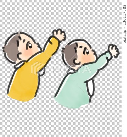 上を見上げて手を伸ばす二人の赤ちゃんのイラスト 水彩風 成長・好奇心・知育の挿絵 136117388