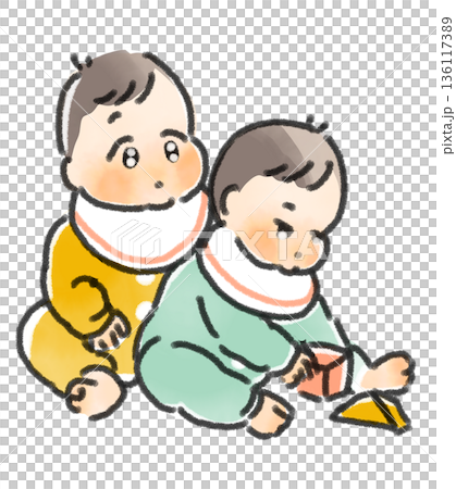 積み木で遊ぶ二人の赤ちゃんのイラスト 水彩風 玩具・知育・遊び・保育の挿絵 積み木で遊ぶ二人の赤ちゃんのイラスト 水彩風 玩具・知育・遊び・保育の挿絵 136117389