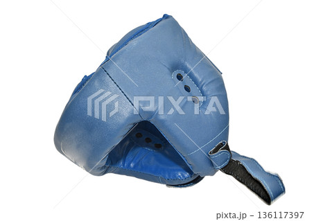 Blue boxing headgear made of genuine leather for competition. 136117397