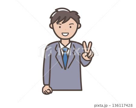 笑顔でピースをする若い男性ビジネスマンのイラスト 笑顔でピースをする若い男性ビジネスマンのイラスト 136117428