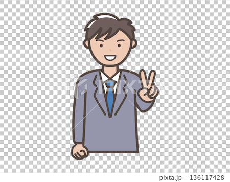 笑顔でピースをする若い男性ビジネスマンのイラスト 笑顔でピースをする若い男性ビジネスマンのイラスト 136117428