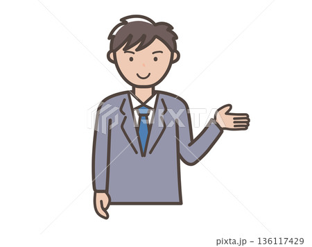 説明や案内をするイメージの若い男性ビジネスマンのイラスト 説明や案内をするイメージの若い男性ビジネスマンのイラスト 136117429