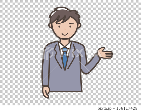 説明や案内をするイメージの若い男性ビジネスマンのイラスト 説明や案内をするイメージの若い男性ビジネスマンのイラスト 136117429