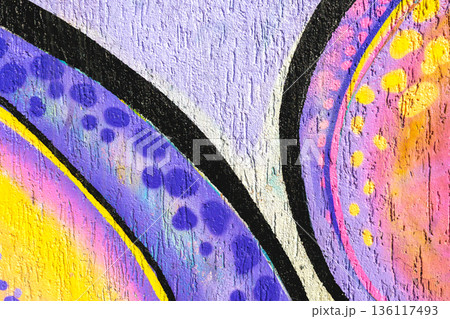 Abstract Graffiti Art with Purple, Yellow, Pink, Black Lines, and Spots in Retro 90s, Y2K Style Abstract Graffiti Art with Purple, Yellow, Pink, Black Lines, and Spots in Retro 90s, Y2K Style 136117493