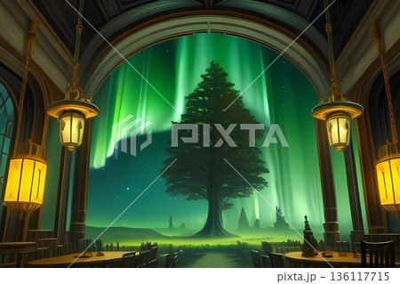 ゲーム背景 オーロラと伝説の世界樹がある地下帝国神殿 ゲーム背景 オーロラと伝説の世界樹がある地下帝国神殿 136117715