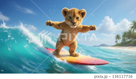 美しい南の海でサーフィンする子ライオン 136117716