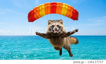 美しい南の海でスカイダイビングするタヌキ 136117717