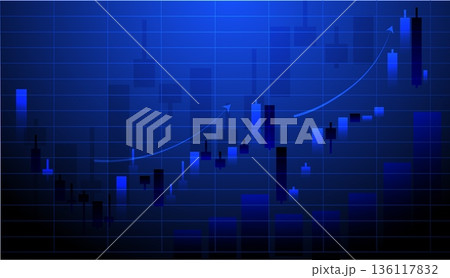 A trading chart displays various candlestick patterns and trends in blue colors. This illustration represents activities related to investing and business analytics in a modern context 136117832