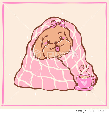 Cozy cavoodle puppy under fluffy blanket whimsical hand drawn Cozy cavoodle puppy under fluffy blanket whimsical hand drawn 136117840