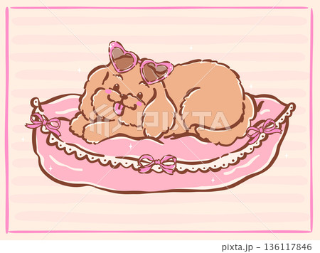 Cute Brown Cavoodle with Pink Heart Sunglasses on Fluffy Bed Whimsical Hand Drawn Doodle Preppy Coquette Girly Style 136117846