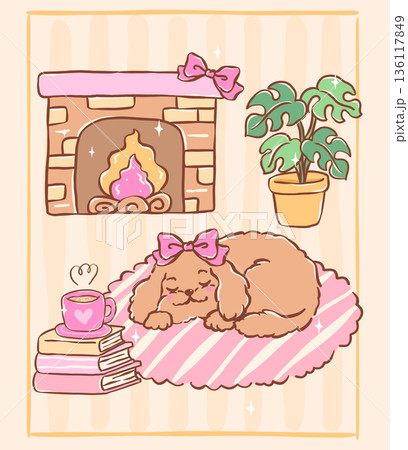 Adorable cavoodle puppy sleeping on a rug in a cozy home scene, whimsical hand drawn cartoon Adorable cavoodle puppy sleeping on a rug in a cozy home scene, whimsical hand drawn cartoon 136117849