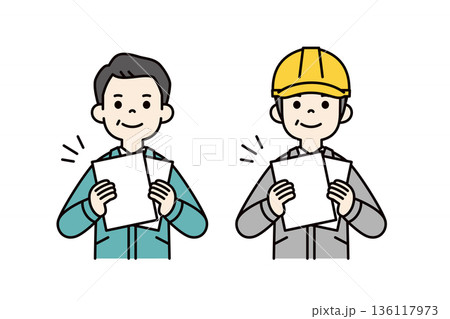 白い書類を手に持つ、作業服を着たビジネスマン・技術者と現場監督のベクターイラスト素材セット 136117973