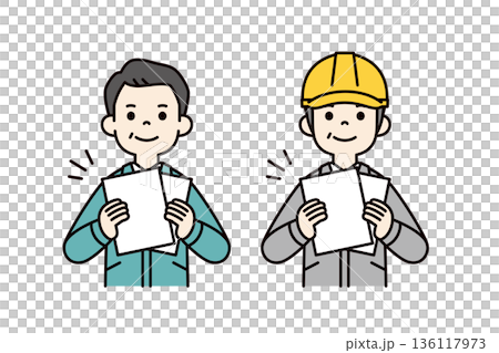 白い書類を手に持つ、作業服を着たビジネスマン・技術者と現場監督のベクターイラスト素材セット 136117973