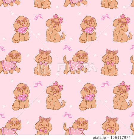 Cute cavoodle dog Coquette seamless pattern with heart sunglasses hand drawn 136117974