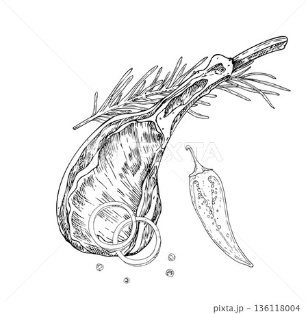 Vector Meat on the ribs with rosemary branch and peppercorns and onion. Graphic ink pork, ribeye, meet illustration, isolated on background. Hand drawn line sketch. For designers, prints, logo, icon 136118004