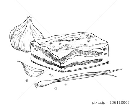 Vector lard with fresh whole garlic and clove, peppercorn, green onion and pepper. Graphic ink pork Pork belly illustration, isolated on background. Hand drawn line sketch. For designers, prints, logo 136118005