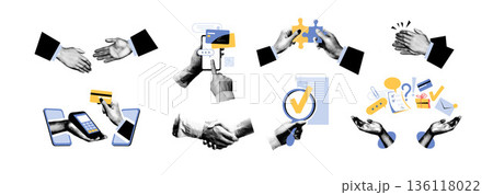 Business illustration of halftone hands, a collage of a handshake, puzzle solving, mobile payment, document verification, and support gestures. Concept of collaboration, transactions, and workflows Business illustration of halftone hands, a collage of a handshake, puzzle solving, mobile payment, document verification, and support gestures. Concept of collaboration, transactions, and workflows 136118022