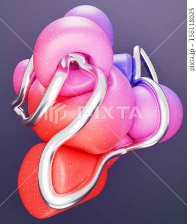 Vibrant abstract 3D composition with colorful geometric shapes and liquid chrome y2k curve line on purple background. Inflatable soft figures with silver metal ribbon, poster design. 3D illustration Vibrant abstract 3D composition with colorful geometric shapes and liquid chrome y2k curve line on purple background. Inflatable soft figures with silver metal ribbon, poster design. 3D illustration 136118025