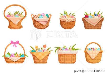Cartoon easter basket. Spring holidays wicker baskets with plants, flowers and colored eggs. Decorative rural style containers with napkins, sapid vector set 136118552