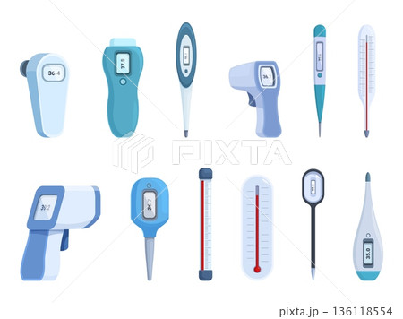 Different thermometers types. Industrial household and medicine thermometer. Non-contact pyrometers, measuring tools for weather and human, sapid vector elements Different thermometers types. Industrial household and medicine thermometer. Non-contact pyrometers, measuring tools for weather and human, sapid vector elements 136118554