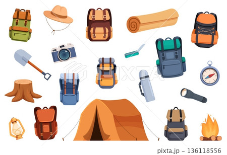 Cartoon camping equipment. Items for hiking and tourism on nature. Shovel lantern mat compass tent. Flashlight and hat. Outdoor adventures sapid vector elements Cartoon camping equipment. Items for hiking and tourism on nature. Shovel lantern mat compass tent. Flashlight and hat. Outdoor adventures sapid vector elements 136118556