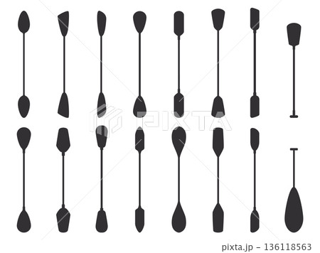 Kayak paddles. Flat black paddle silhouettes for cutting. Different rowing accessories for boats, water transport and vessels. Isolated sea, ocean symbols sapid vector set 136118563