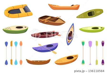 Kayaking equipment. Different water transport, wooden plastic inflatable vessels and paddles. Bright boats for river or lake competitions, water hobby sapid vector set Kayaking equipment. Different water transport, wooden plastic inflatable vessels and paddles. Bright boats for river or lake competitions, water hobby sapid vector set 136118564