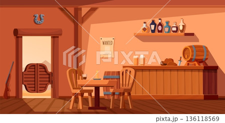 Saloon interior. Wild west pub, western bar with wooden furniture, rum bottles, west style doors. Cowboy sheriff hat on counter, gun and knife, sapid vector empty scene Saloon interior. Wild west pub, western bar with wooden furniture, rum bottles, west style doors. Cowboy sheriff hat on counter, gun and knife, sapid vector empty scene 136118569