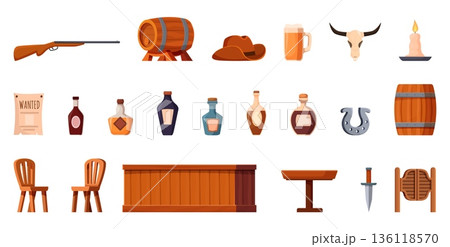 Western tavern elements. Saloon furniture and items. Alcohol drinks bottles, wooden barrel, cowboy hat, doors and gun. Isolated wild west sapid vector clipart 136118570