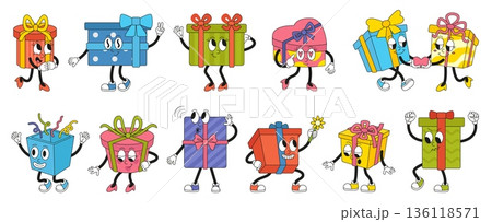 Groovy gift box characters. Retro boxes with cute comic faces, funny present for birthday, anniversary. Party gifts with bows and ribbons, neoteric vector set 136118571