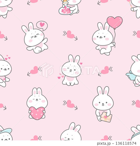 Love bunny seamless pattern. Kawaii bunnies with hearts, valentines day animal characters. Romantic animals, funny rabbit cupid, nowaday vector background 136118574