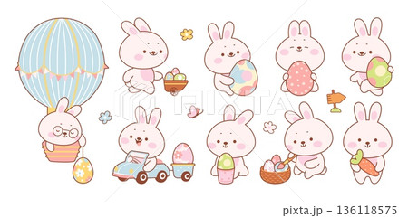 Kawaii easter bunny. Funny bunnies with colored eggs. Egg hunter characters. Cute rabbits preparing to easter holidays. Children festive mascots, nowaday vector stickers 136118575