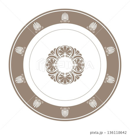 Vintage round plate with ornamental border. European porcelain plate with large gold floral element in the center. Border Ancient Greece, Roman Empire pattern. For circle ceramic, textile, porcelain Vintage round plate with ornamental border. European porcelain plate with large gold floral element in the center. Border Ancient Greece, Roman Empire pattern. For circle ceramic, textile, porcelain 136118642