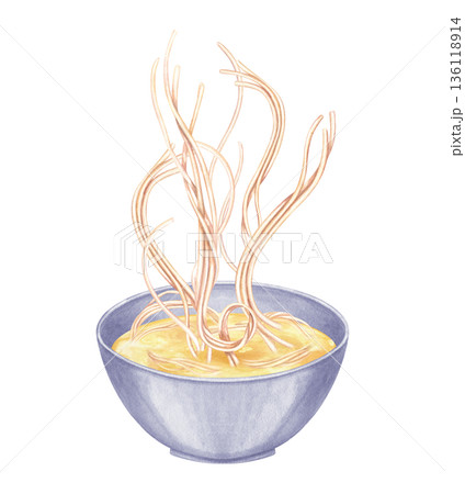 Flying boiled noodle in soy broth watercolor illustration on isolated background. Wheat noodles or spaghetti in classic soup Healthy vegetarian ramen in bowl for menu, poster, banner and food blog. Flying boiled noodle in soy broth watercolor illustration on isolated background. Wheat noodles or spaghetti in classic soup Healthy vegetarian ramen in bowl for menu, poster, banner and food blog. 136118914