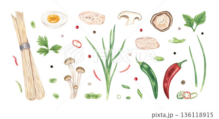 Ingredients for ramen watercolor illustration on isolated background. Raw wheat noodles, mushrooms, boiled chicken slices, red and green chili pepper, boiled halved eggs and green herbs clip art. Ingredients for ramen watercolor illustration on isolated background. Raw wheat noodles, mushrooms, boiled chicken slices, red and green chili pepper, boiled halved eggs and green herbs clip art. 136118915