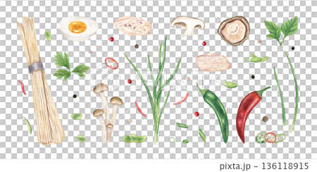 Ingredients for ramen watercolor illustration on isolated background. Raw wheat noodles, mushrooms, boiled chicken slices, red and green chili pepper, boiled halved eggs and green herbs clip art. 136118915