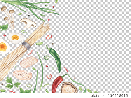 Horizontal border with ingredients for ramen soup on isolated background. Noodles, mushrooms, chicken slices, chili pepper, halved eggs and herbs watercolor illustration. Copy space for text. 136118916