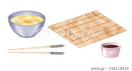 Accessories for Asian dishes clip art watercolor illustration on isolated background. Plate with broth, bamboo mat, soy sauce bowl and wooden chopsticks set. Utensil for eating of ramen, noodle, rice. 136118918