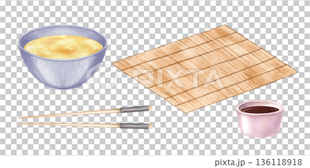 Accessories for Asian dishes clip art watercolor illustration on isolated background. Plate with broth, bamboo mat, soy sauce bowl and wooden chopsticks set. Utensil for eating of ramen, noodle, rice. 136118918
