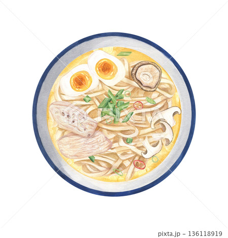 Homemade Japanese Shoyu Ramen watercolor illustration on isolated background. Soy sauce based broth serving with noodles, mushrooms, egg and chicken slices, green onions and chili peppers 136118919